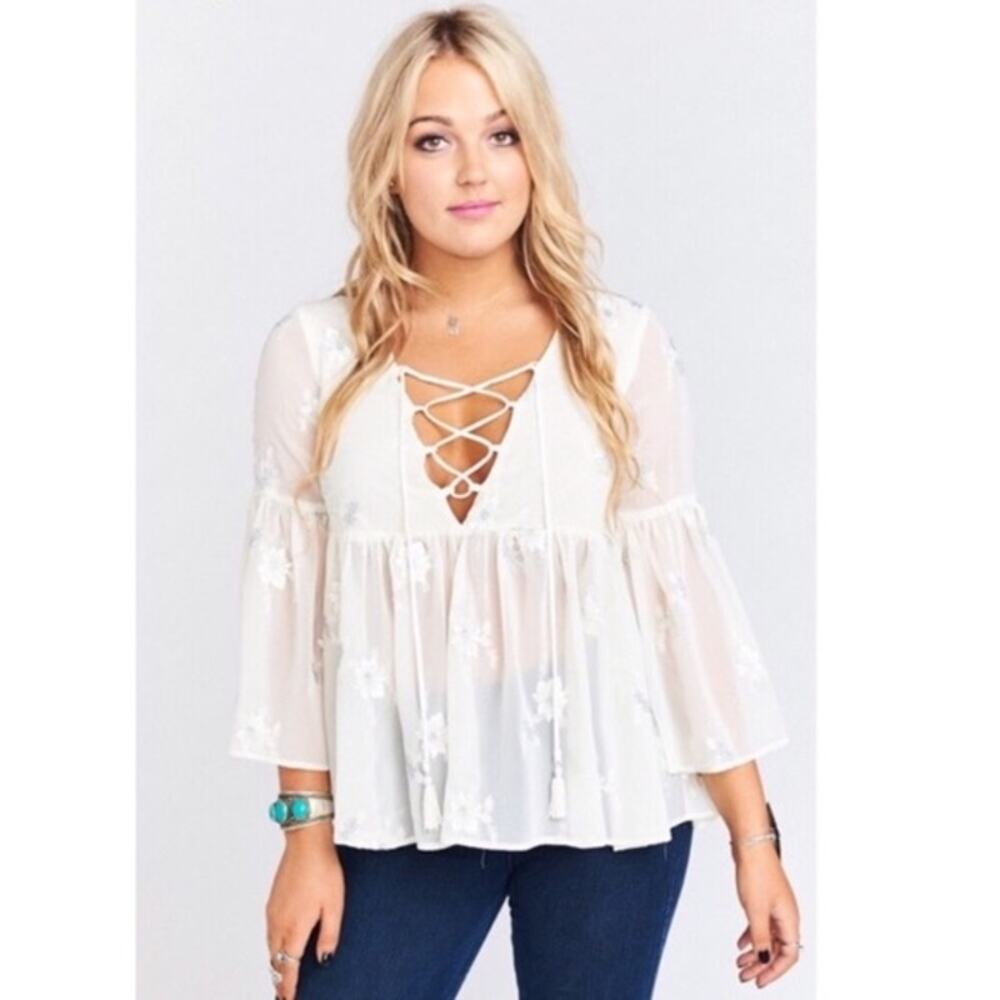 Show Me Your Mumu Cream Embroidered Boho Poet Blouse XS Sheer Bell Sleeve